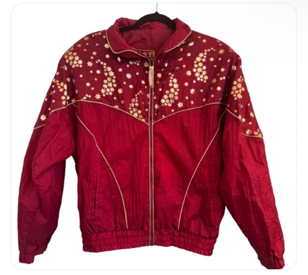 EAST WEST VTG 80s Windbreaker Jacket Burgundy Gold Cherry Blossoms & Stars Sz S